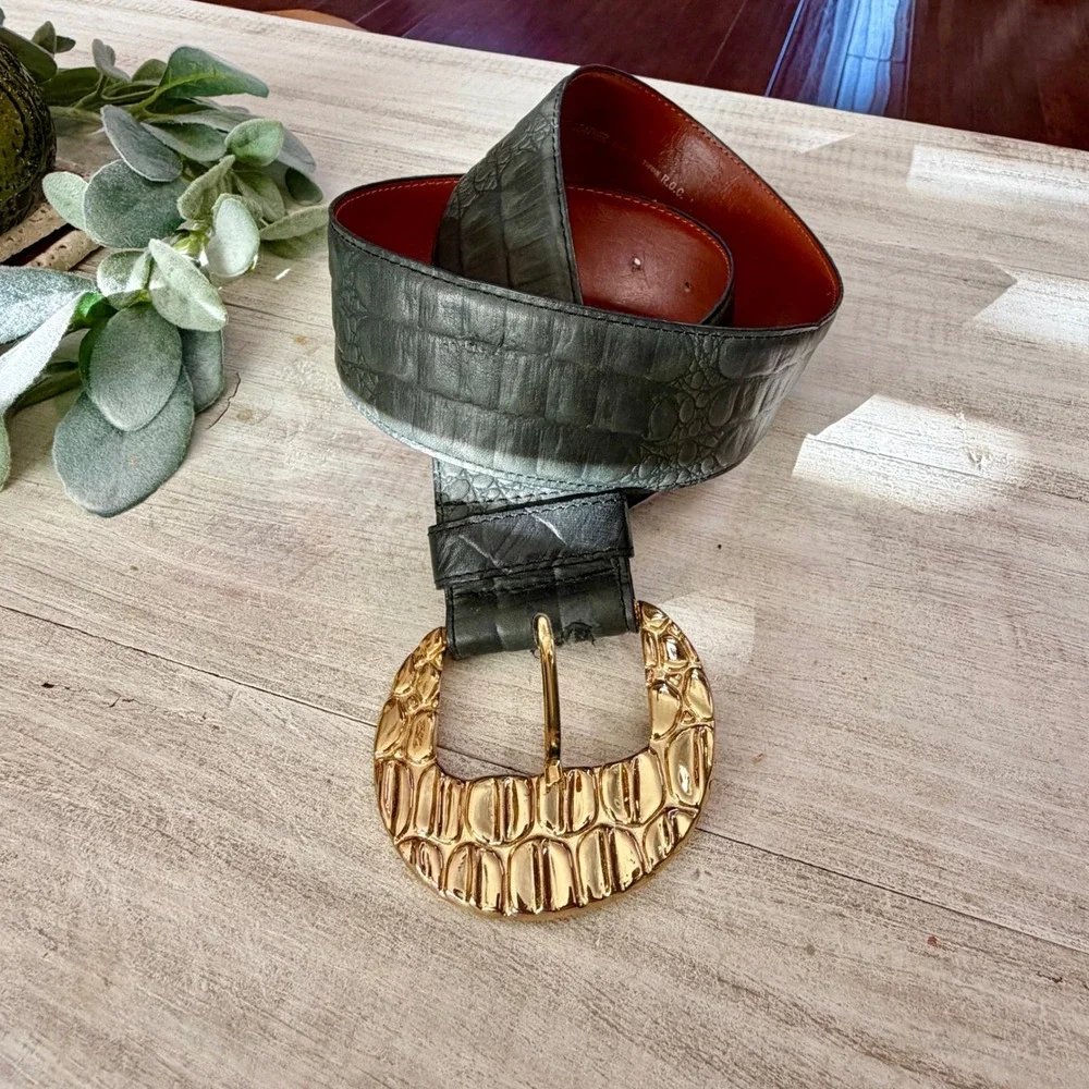 Vintage Genuine Leather Crocodile Embossed Belt Dark Green Gold Buckle Large